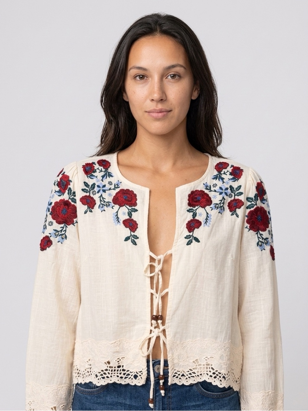 Embroidered Cream Tie-Front Tunic by Jennifer & Grace